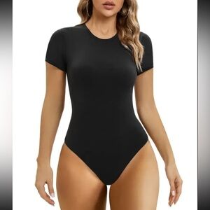 Short Sleeve Bodysuit Crew Neck Thong Body Shape, Black